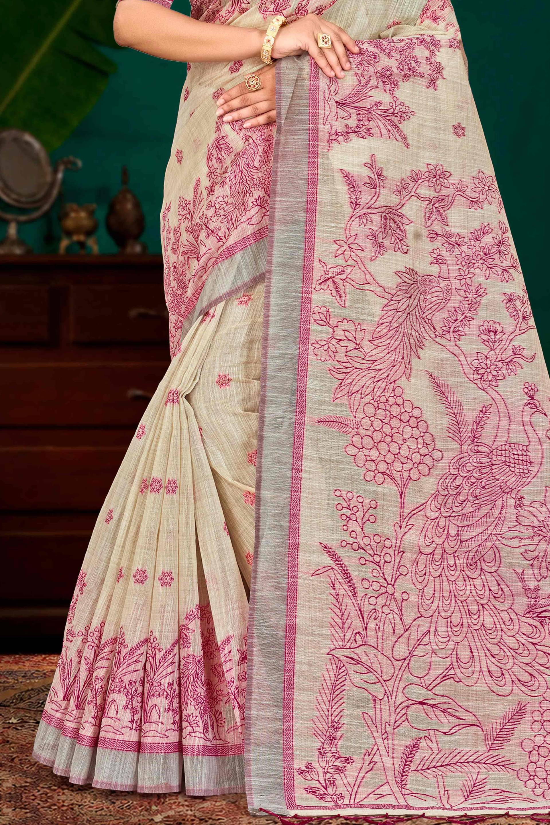 Sangam Prints Pink Cotton Blend Woven Work Traditional Saree | Grocsy