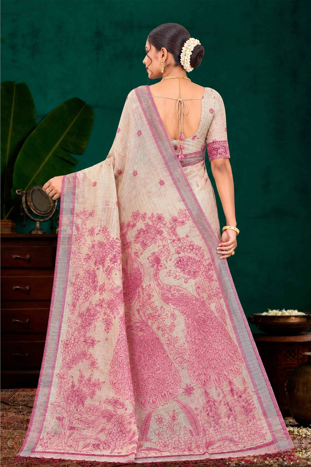 Sangam Prints Pink Cotton Blend Woven Work Traditional Saree | Grocsy