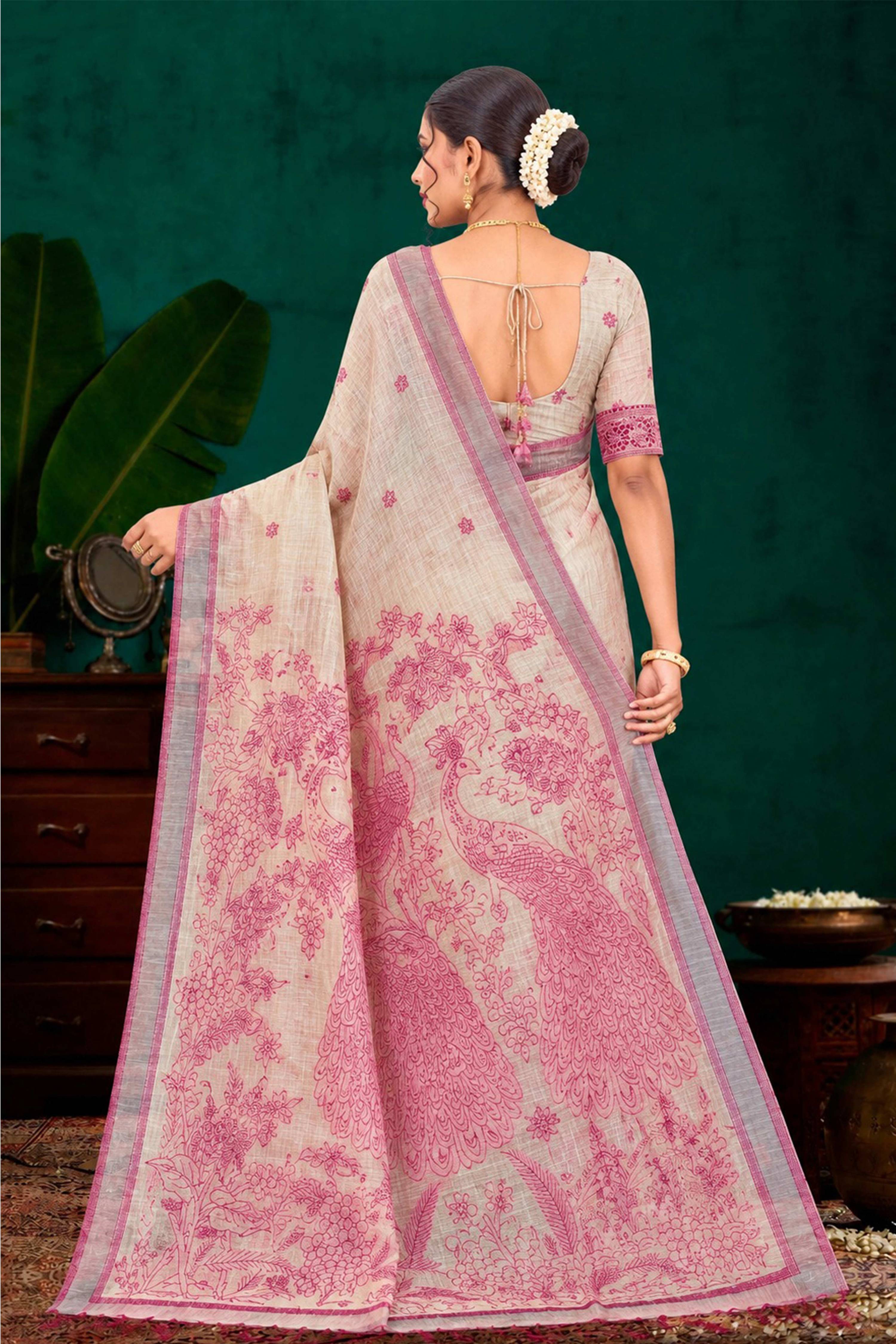 Sangam Prints Pink Cotton Blend Woven Work Traditional Saree | Grocsy