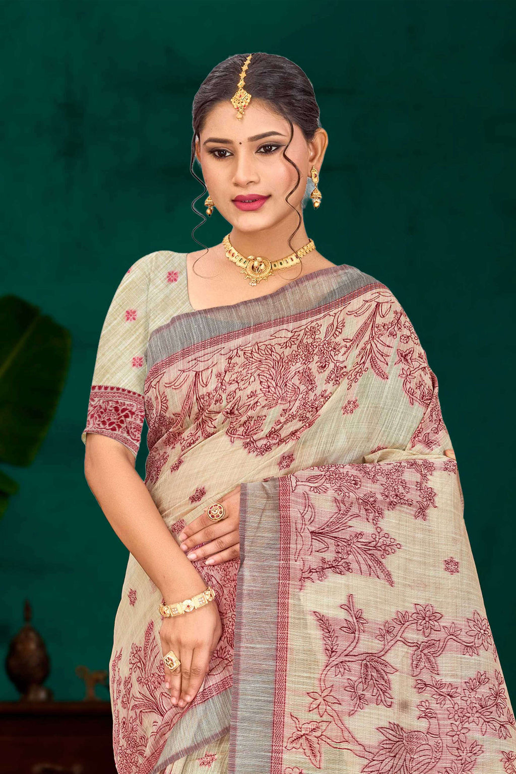 Sangam Prints Maroon Cotton Blend Woven Work Traditional Saree | Grocsy