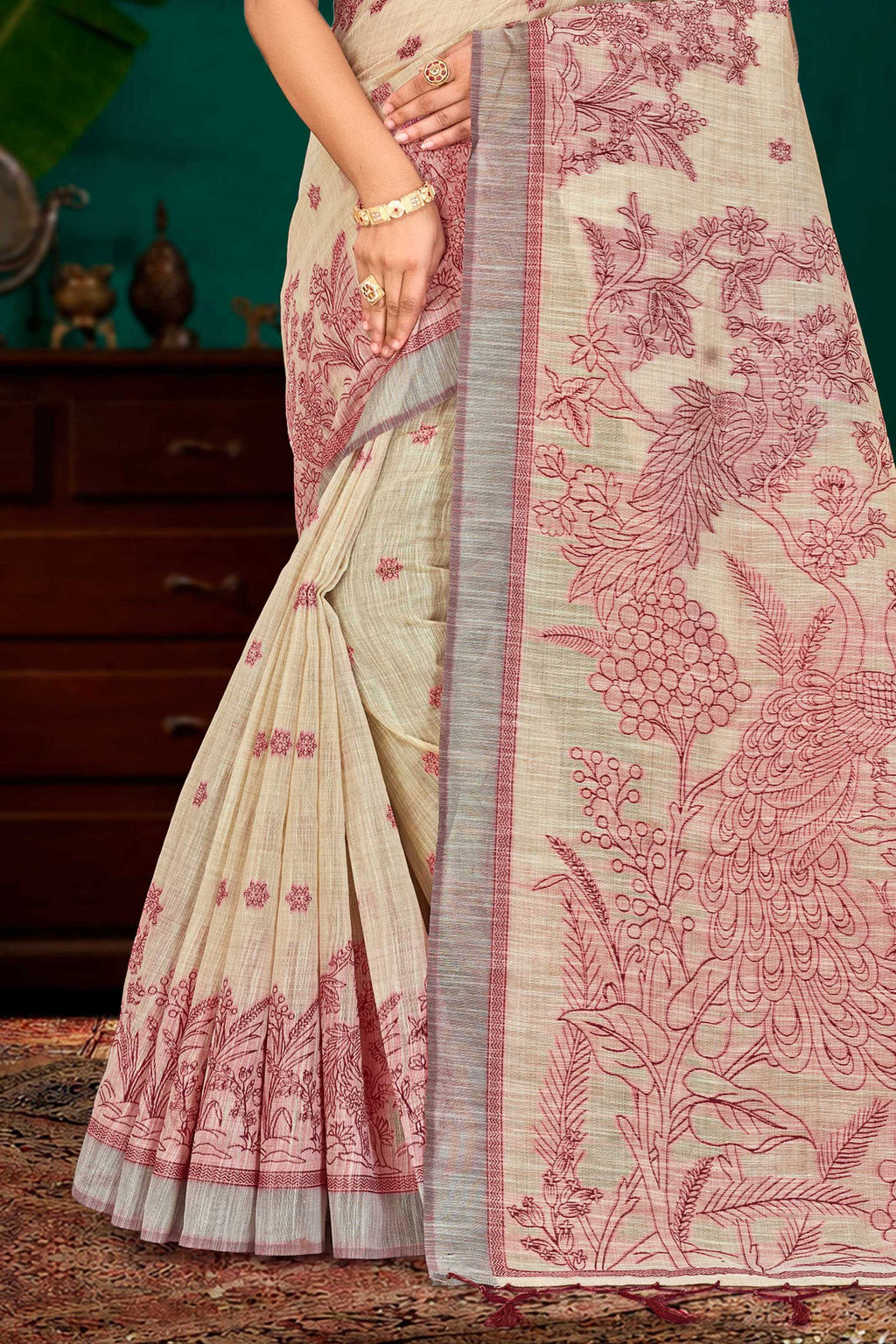 Sangam Prints Maroon Cotton Blend Woven Work Traditional Saree | Grocsy