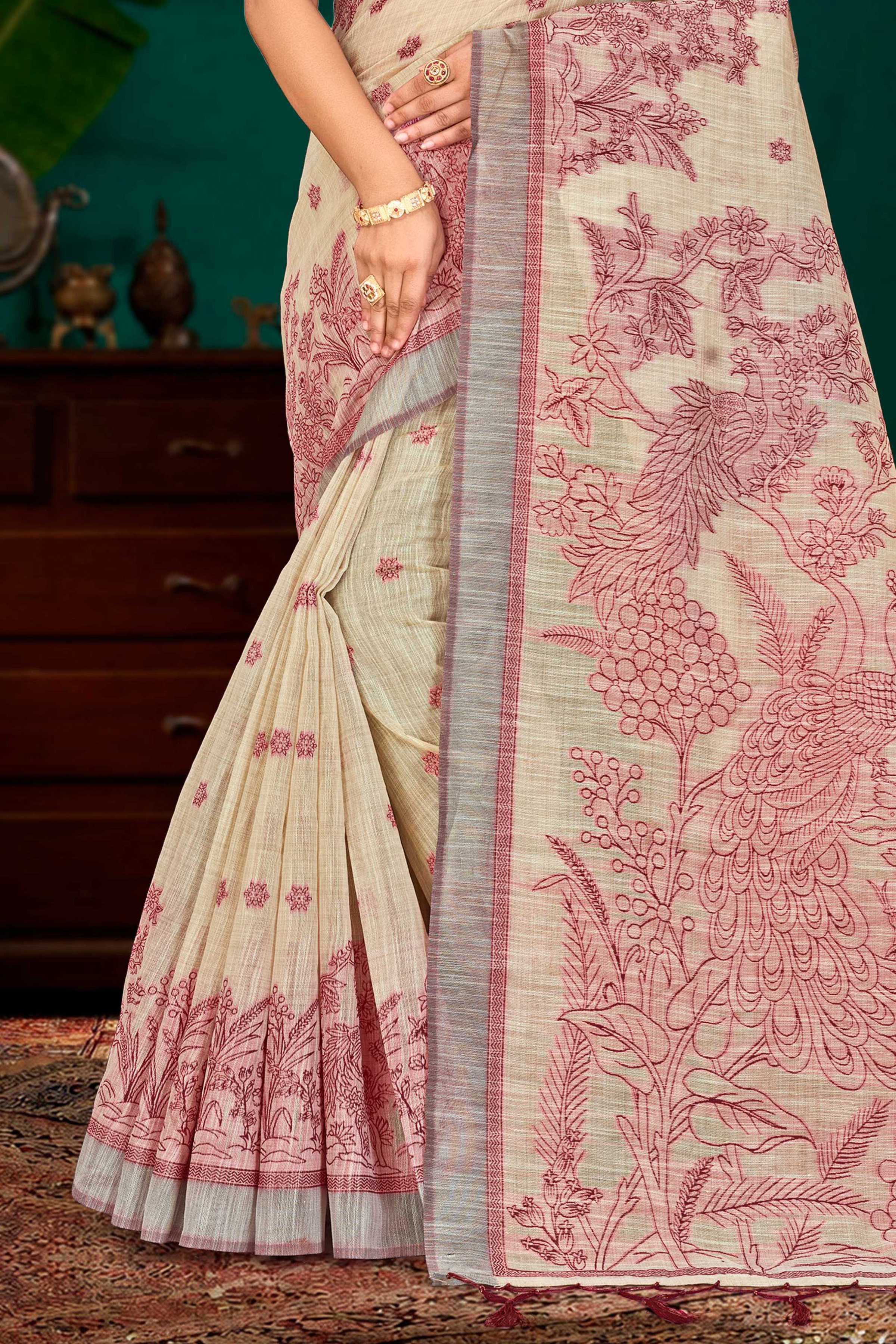Sangam Prints Maroon Cotton Blend Woven Work Traditional Saree | Grocsy
