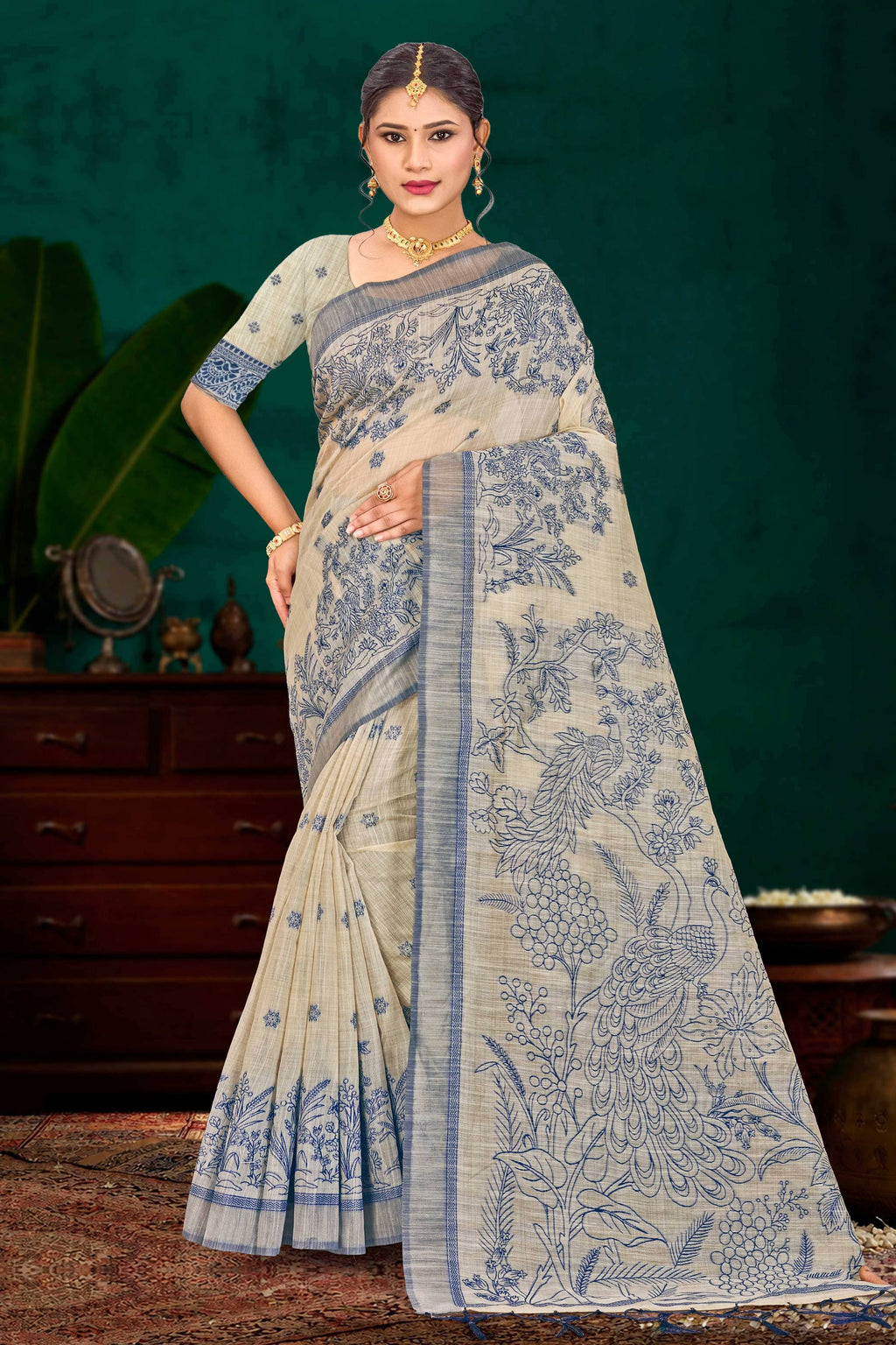 Sangam Prints Navy Blue Cotton Blend Woven Work Traditional Saree | Grocsy