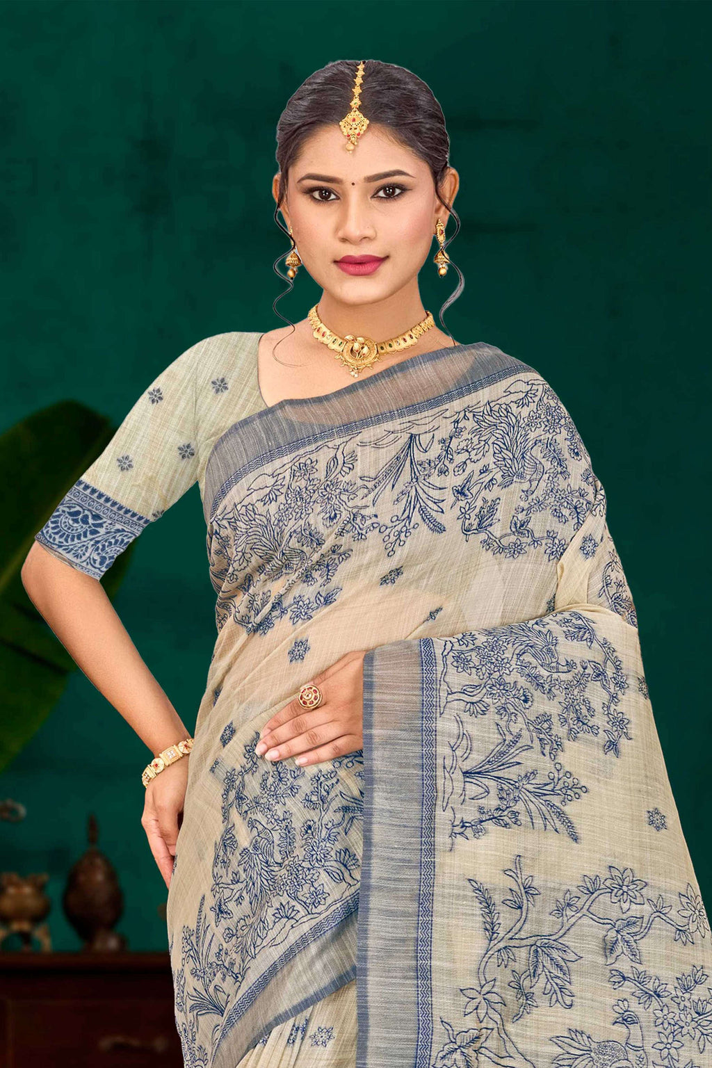 Sangam Prints Navy Blue Cotton Blend Woven Work Traditional Saree | Grocsy