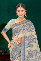 Sangam Prints Navy Blue Cotton Blend Woven Work Traditional Saree | Grocsy