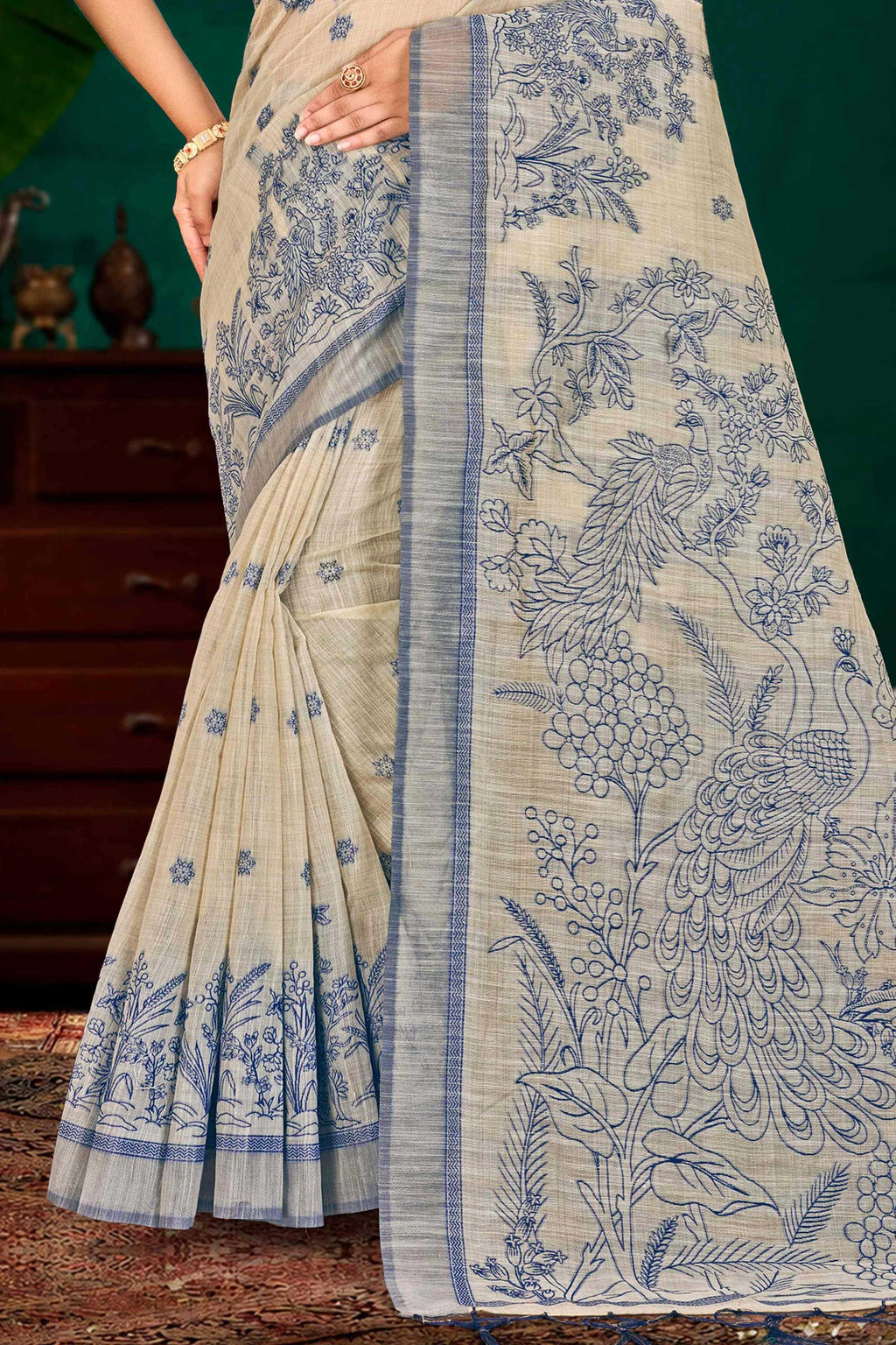 Sangam Prints Navy Blue Cotton Blend Woven Work Traditional Saree | Grocsy