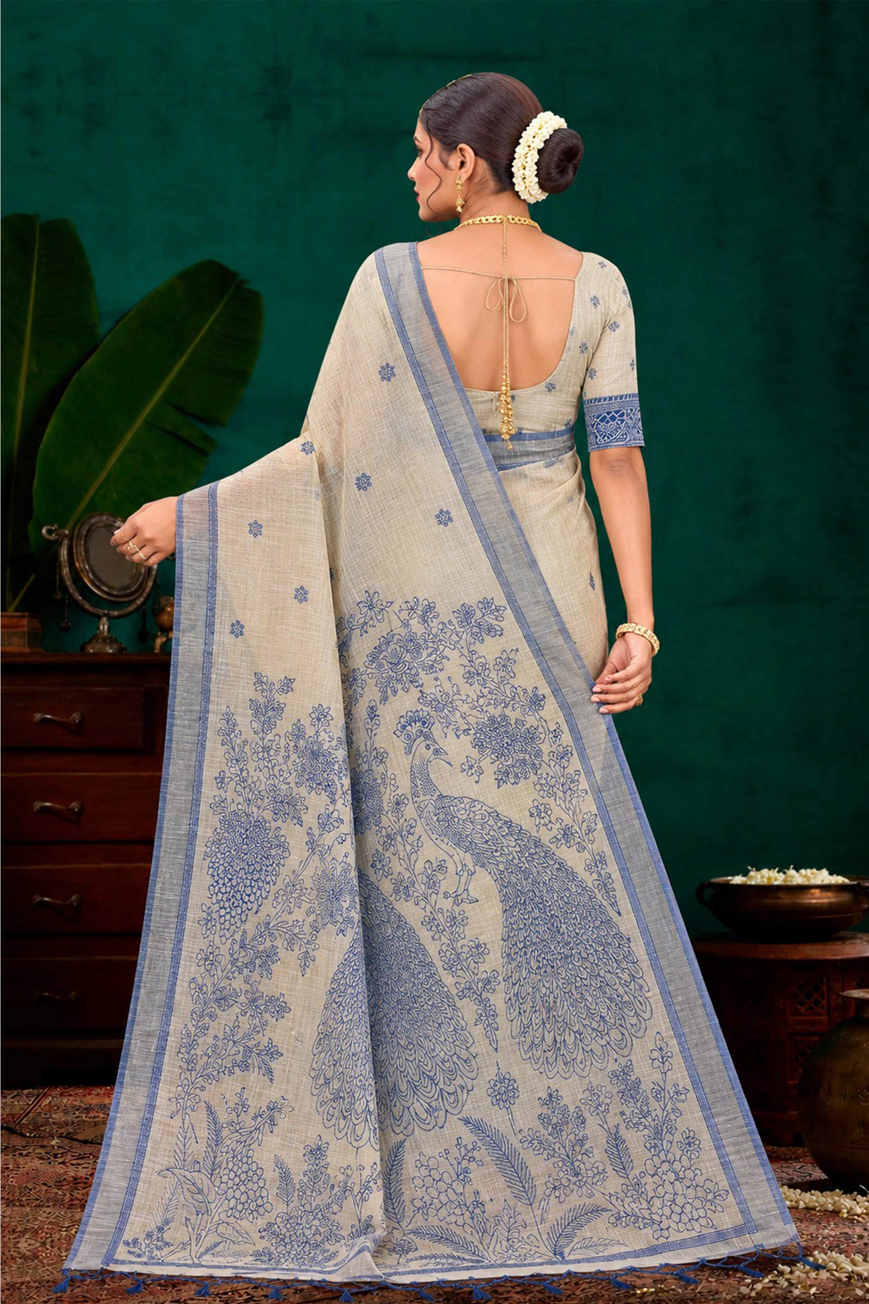 Sangam Prints Navy Blue Cotton Blend Woven Work Traditional Saree | Grocsy