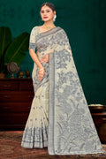 Sangam Prints Grey Cotton Blend Woven Work Traditional Saree | Grocsy