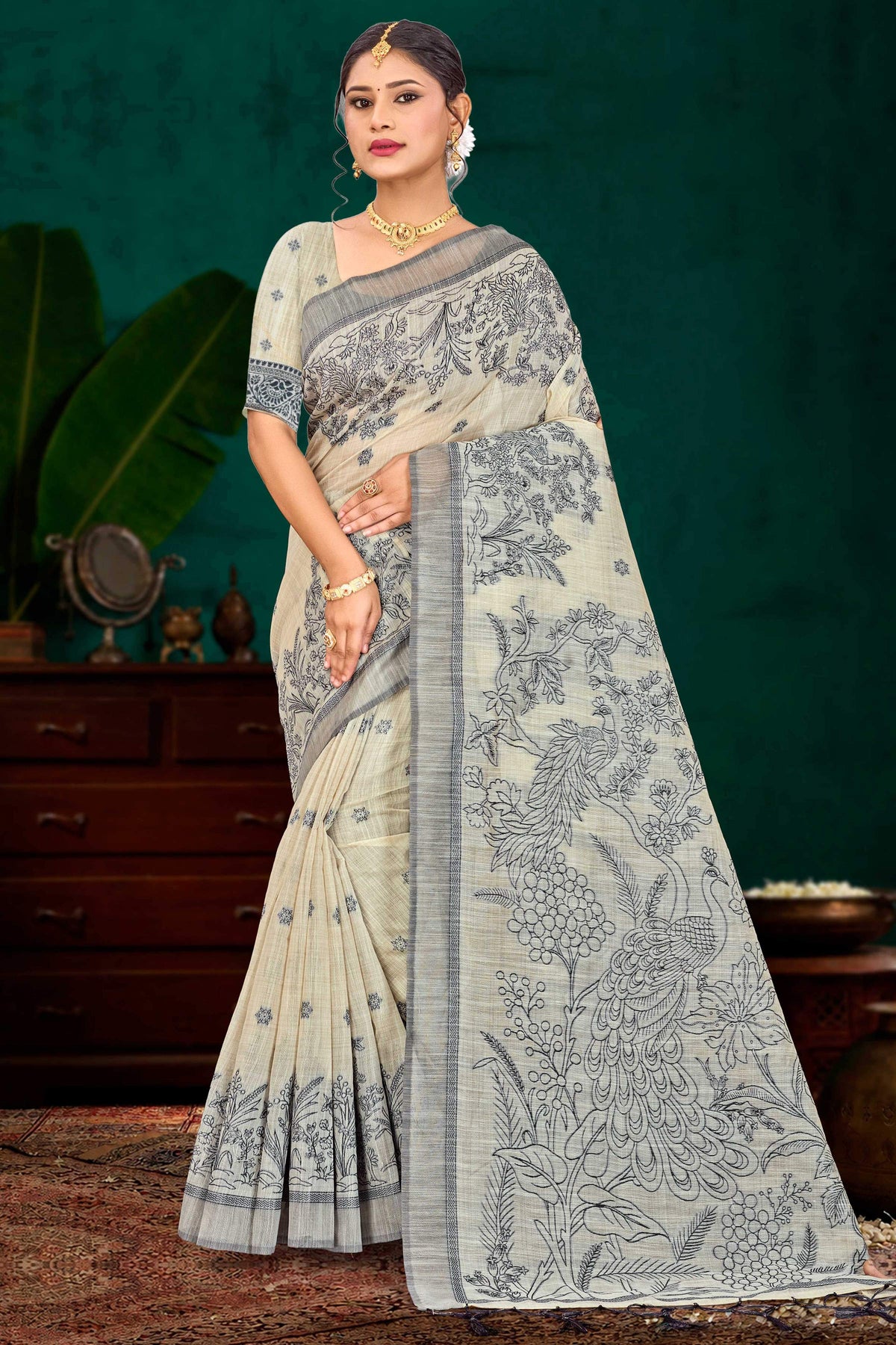 Sangam Prints Grey Cotton Blend Woven Work Traditional Saree | Grocsy
