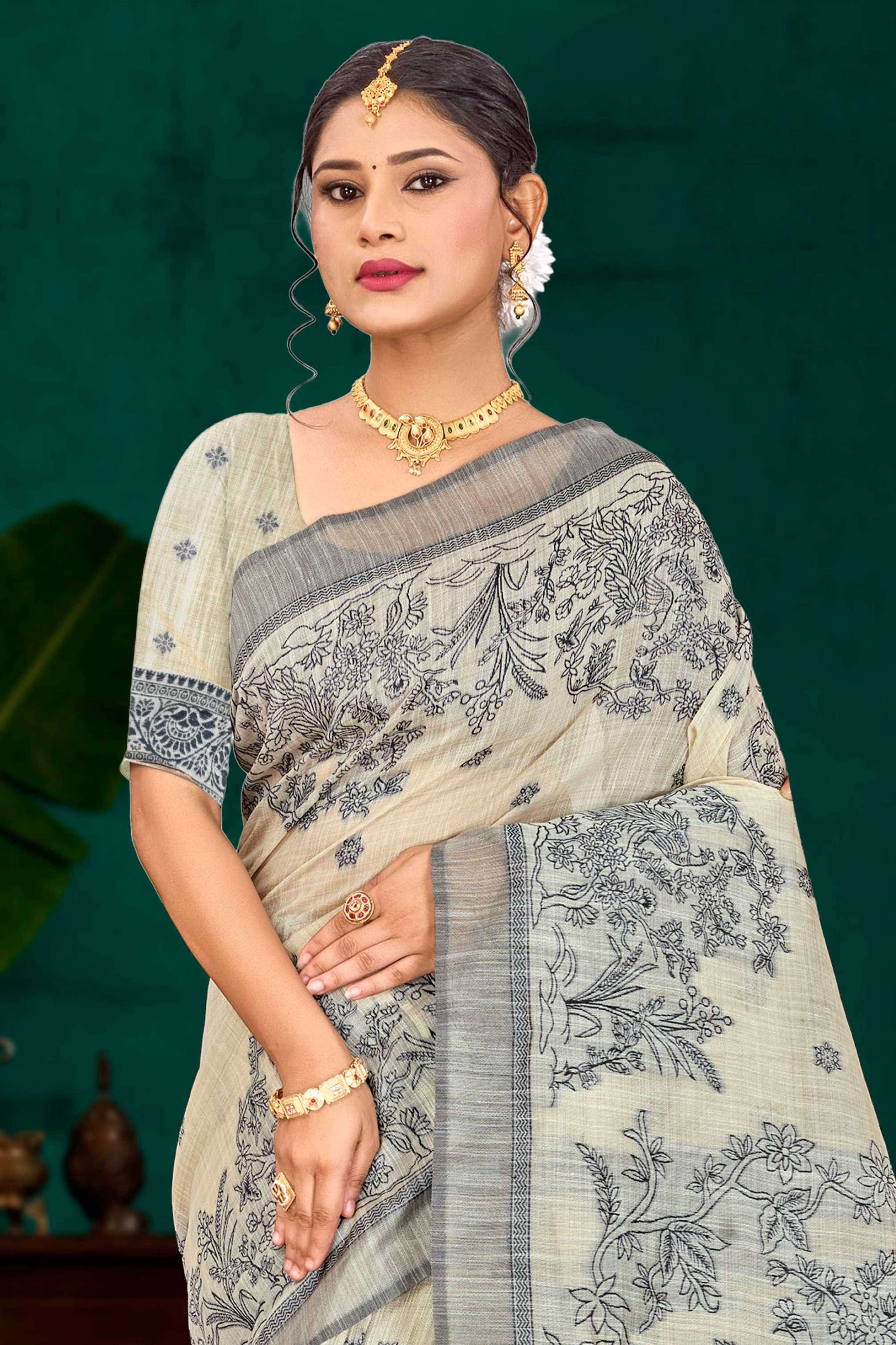 Sangam Prints Grey Cotton Blend Woven Work Traditional Saree | Grocsy