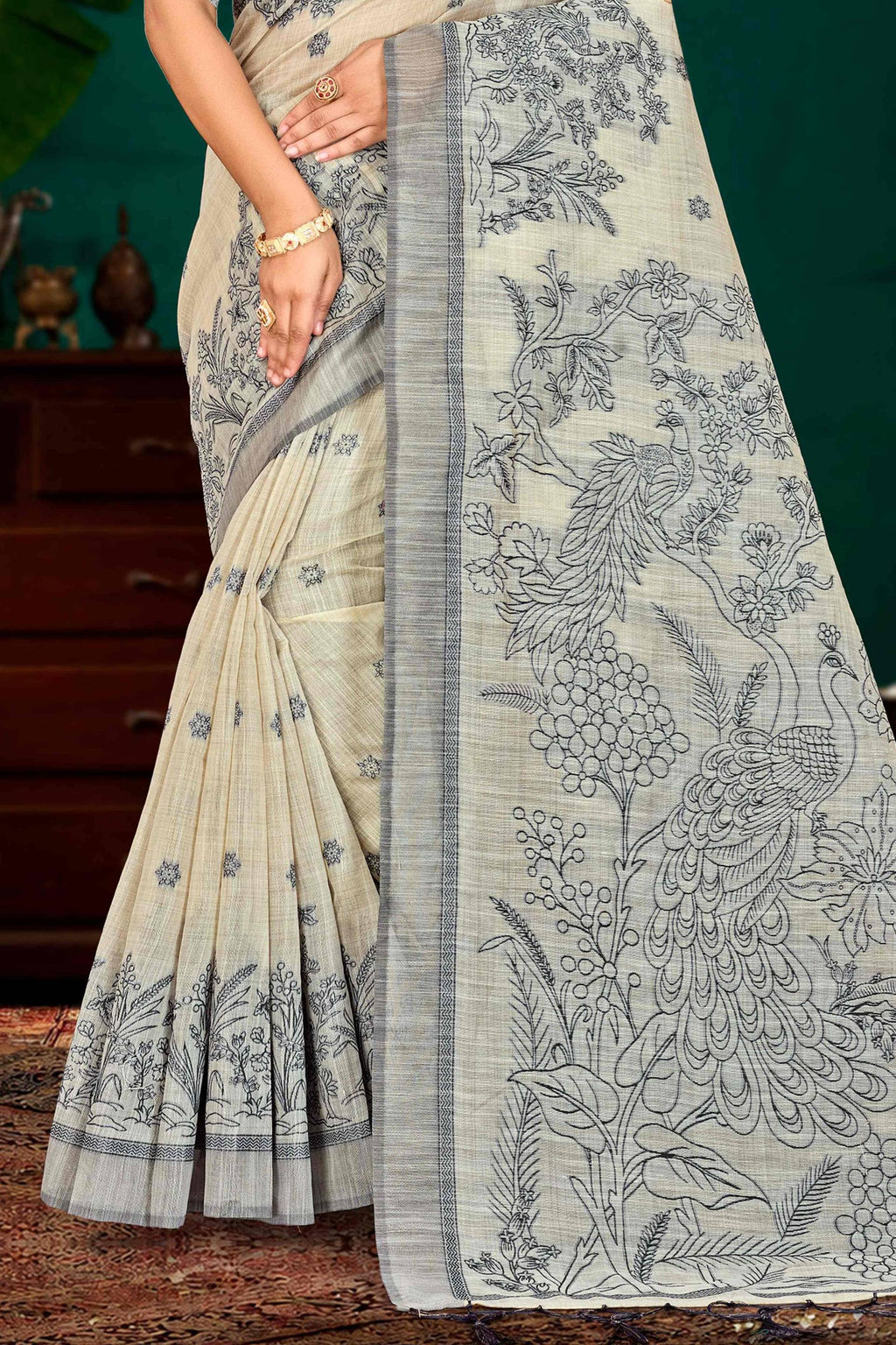Sangam Prints Grey Cotton Blend Woven Work Traditional Saree | Grocsy