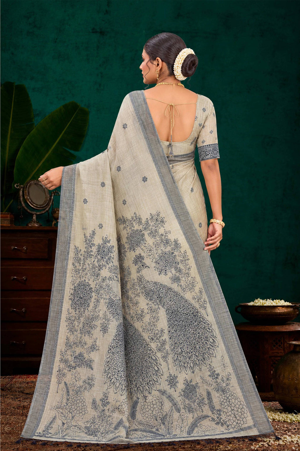 Sangam Prints Grey Cotton Blend Woven Work Traditional Saree | Grocsy