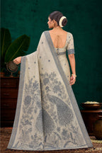Sangam Prints Grey Cotton Blend Woven Work Traditional Saree | Grocsy