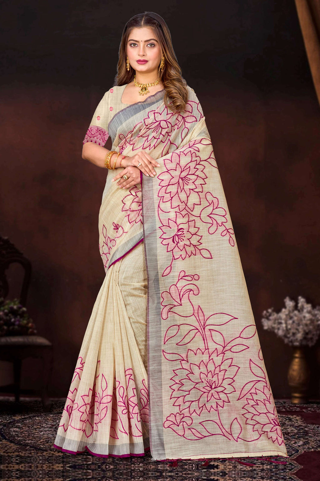 Sangam Prints Pink Cotton Blend Woven Work Traditional Saree | Grocsy