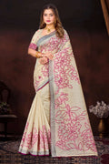 Sangam Prints Pink Cotton Blend Woven Work Traditional Saree | Grocsy