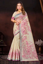 Sangam Prints Pink Cotton Blend Woven Work Traditional Saree | Grocsy