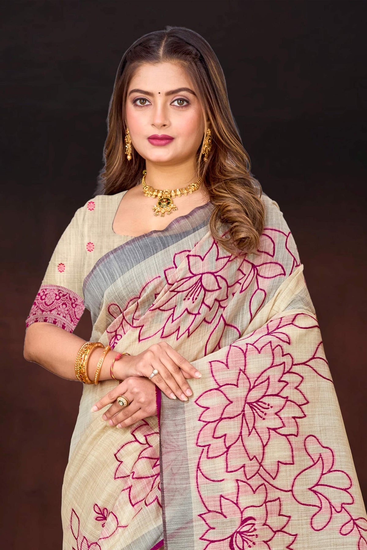 Sangam Prints Pink Cotton Blend Woven Work Traditional Saree | Grocsy