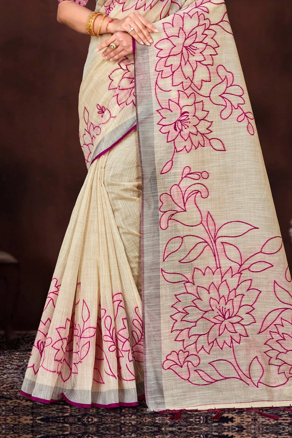 Sangam Prints Pink Cotton Blend Woven Work Traditional Saree | Grocsy