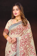 Sangam Prints Maroon Cotton Blend Woven Work Traditional Saree | Grocsy