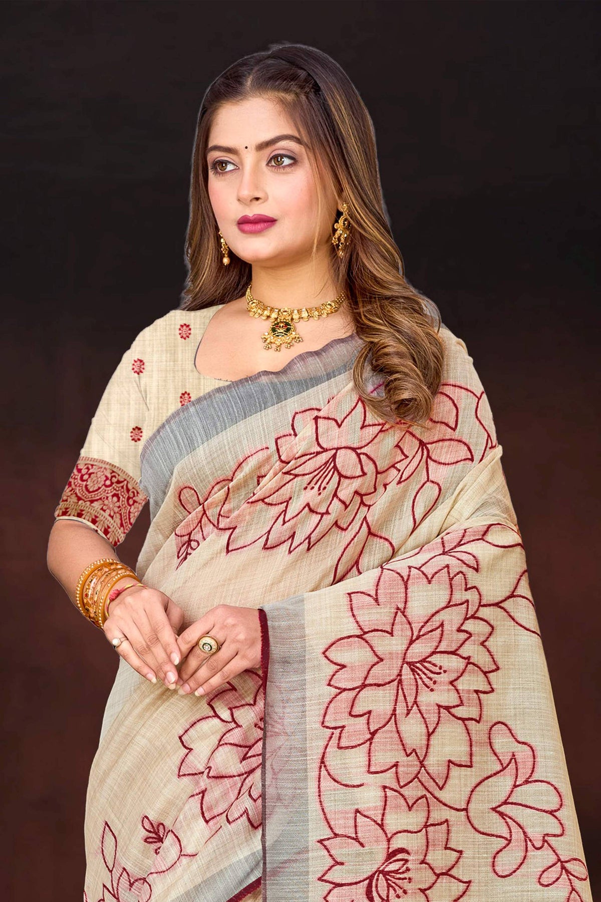 Sangam Prints Maroon Cotton Blend Woven Work Traditional Saree | Grocsy