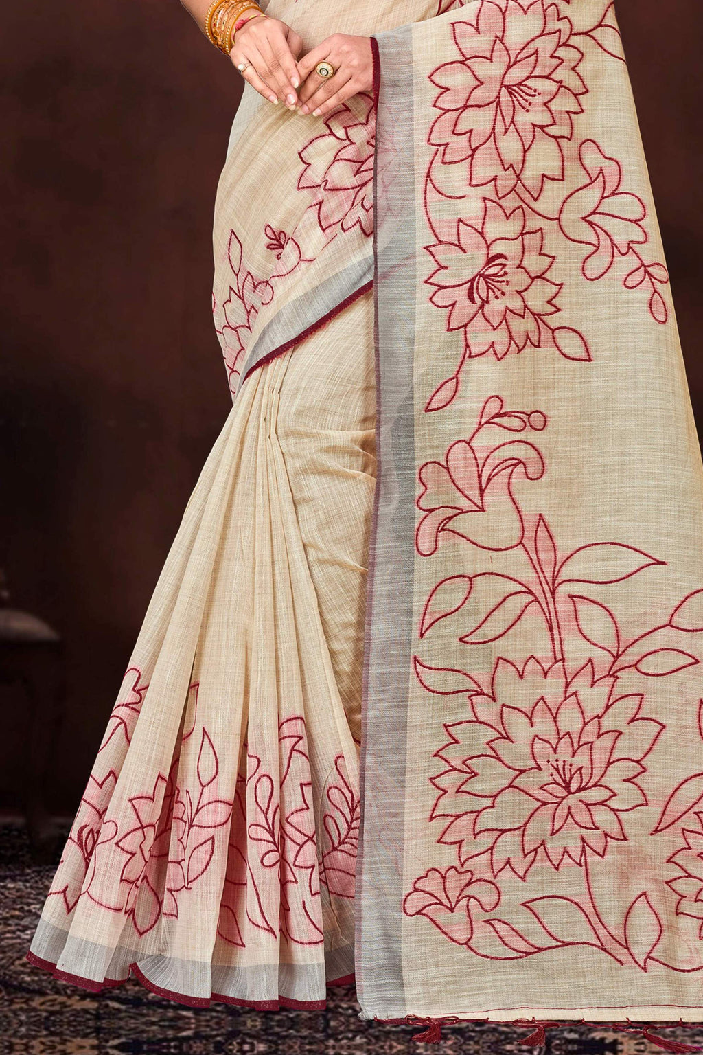 Sangam Prints Maroon Cotton Blend Woven Work Traditional Saree | Grocsy