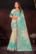 Sangam Prints Aqua Green Cotton Blend Woven Work Traditional Saree | Grocsy