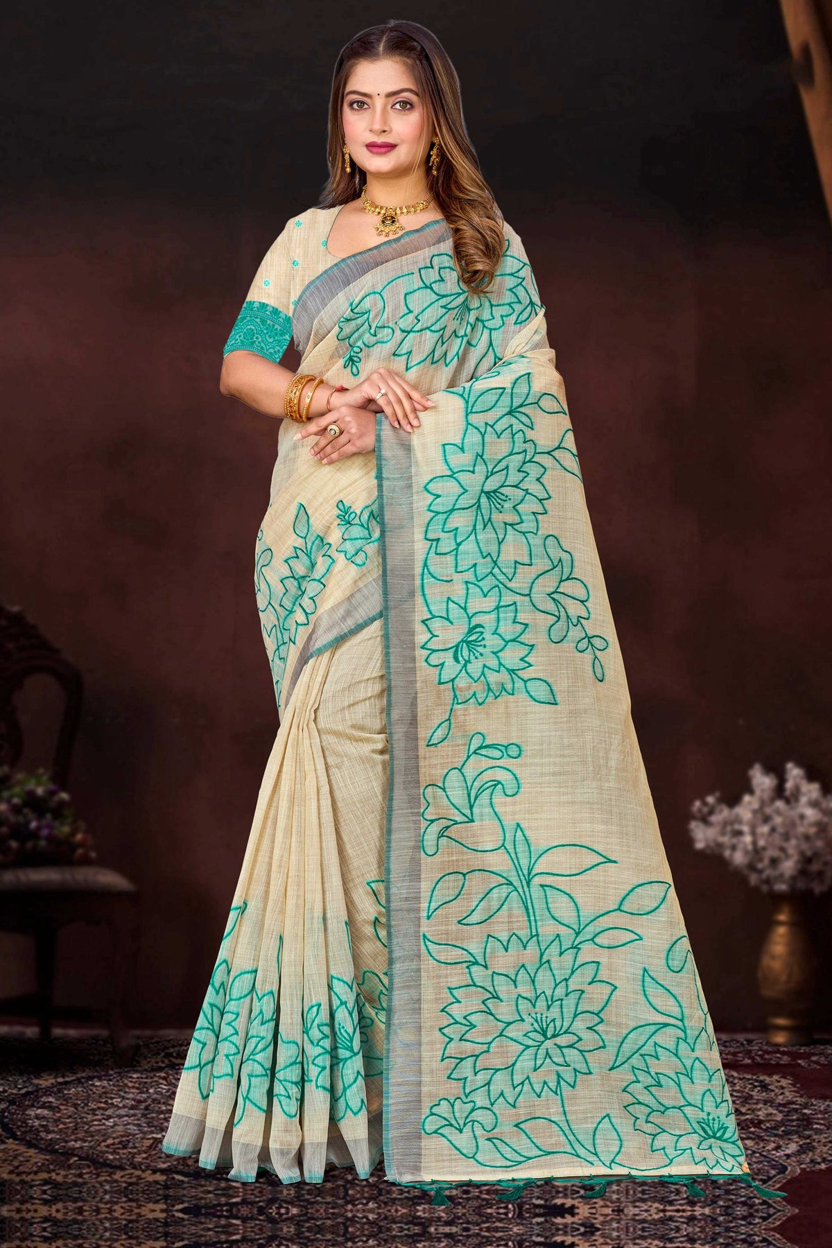 Sangam Prints Aqua Green Cotton Blend Woven Work Traditional Saree | Grocsy