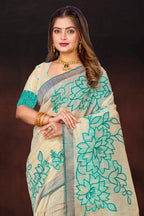 Sangam Prints Aqua Green Cotton Blend Woven Work Traditional Saree | Grocsy
