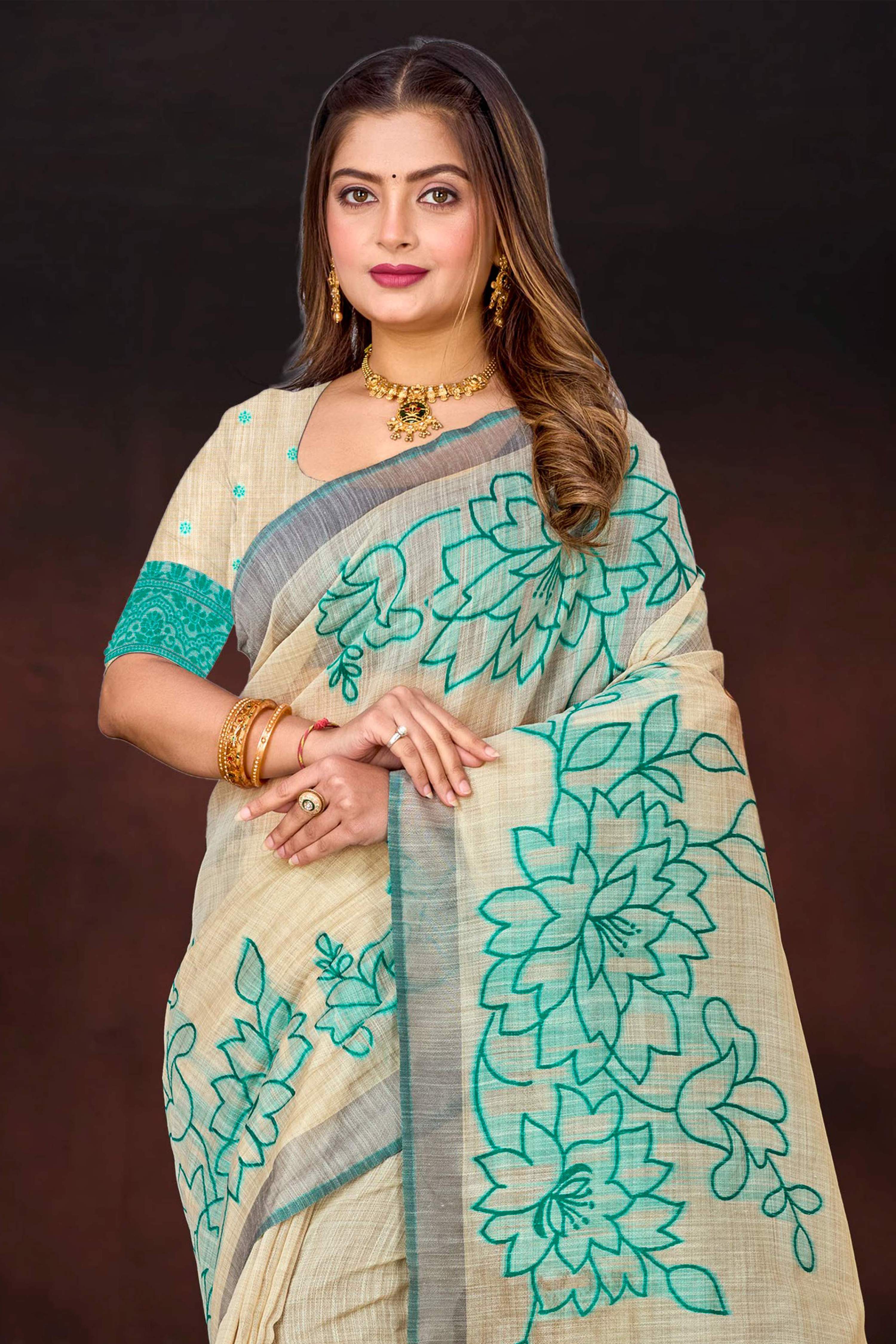 Sangam Prints Aqua Green Cotton Blend Woven Work Traditional Saree | Grocsy