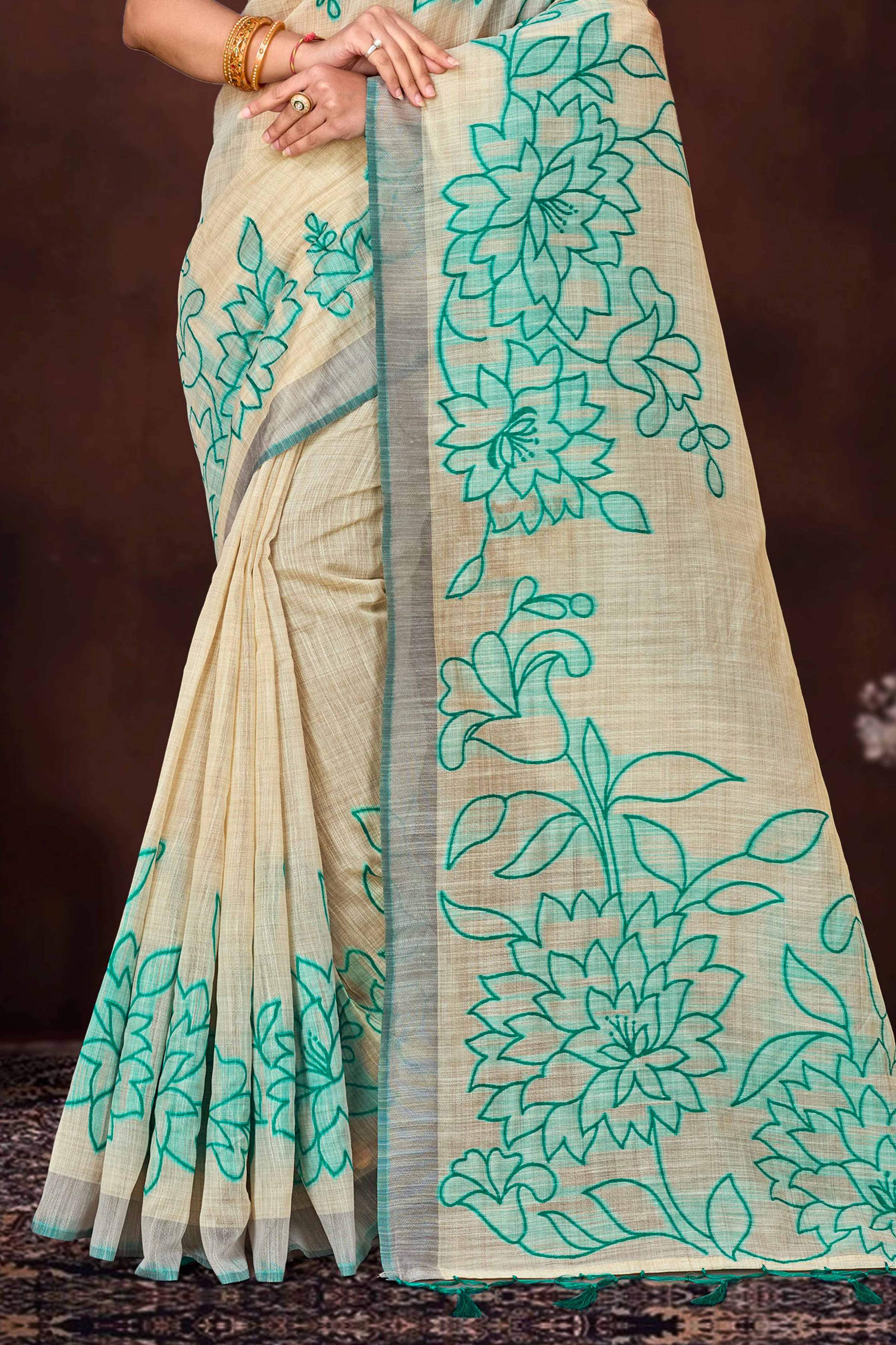Sangam Prints Aqua Green Cotton Blend Woven Work Traditional Saree | Grocsy