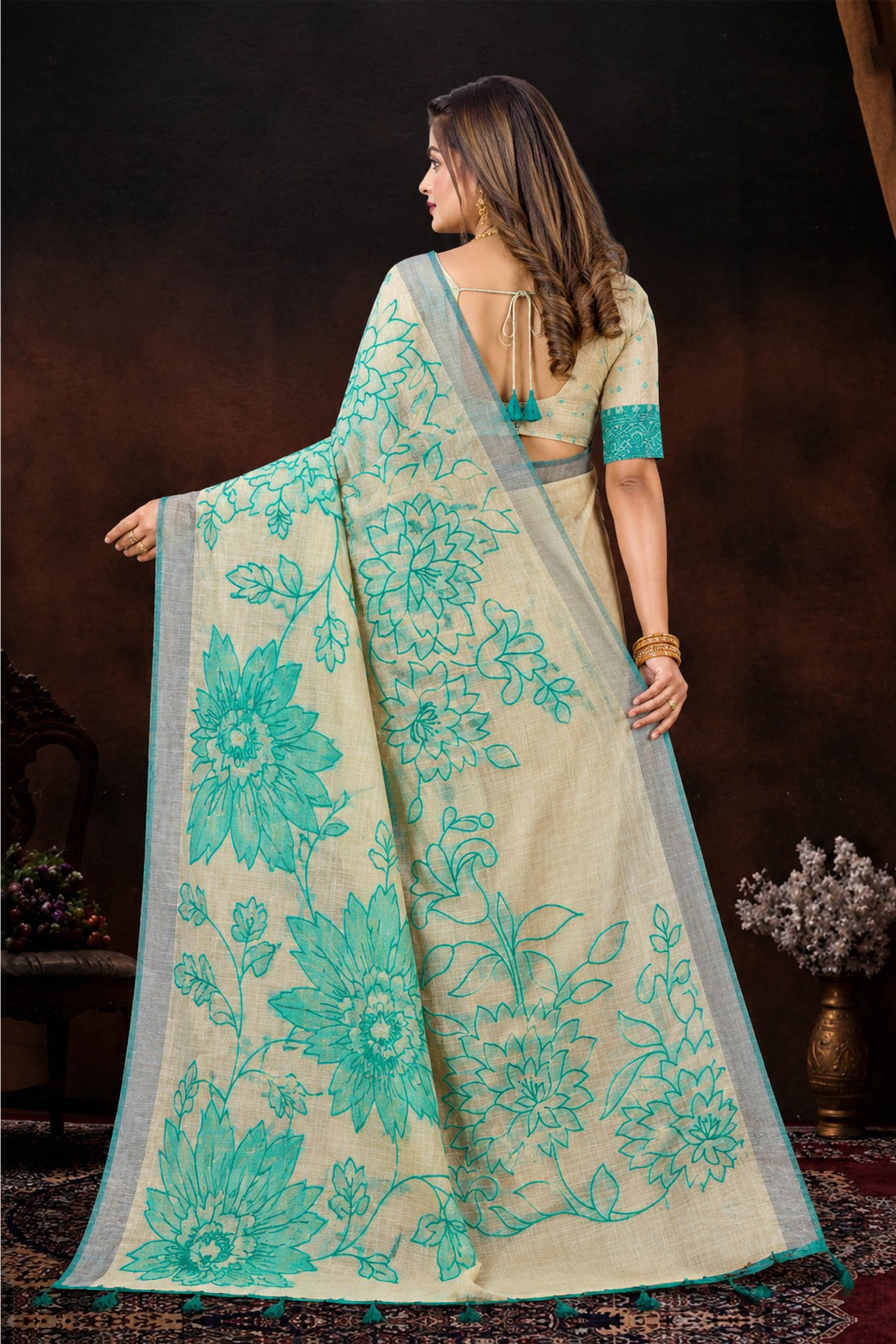 Sangam Prints Aqua Green Cotton Blend Woven Work Traditional Saree | Grocsy