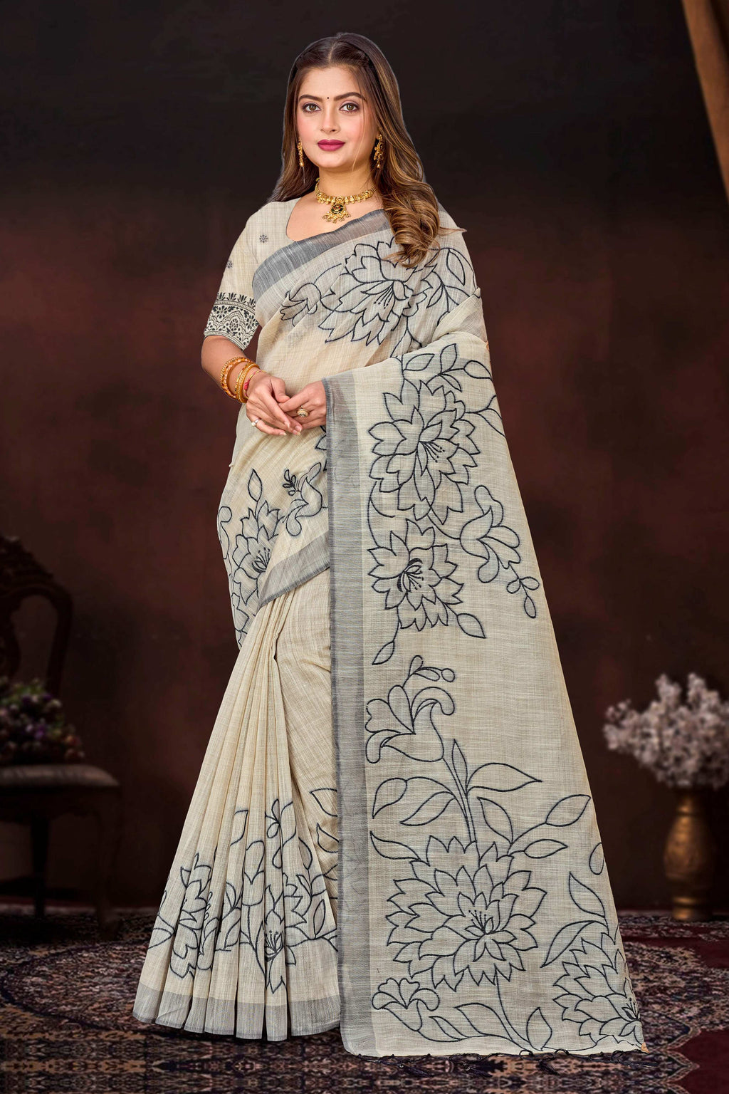 Sangam Prints Grey Cotton Blend Woven Work Traditional Saree | Grocsy