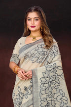 Sangam Prints Grey Cotton Blend Woven Work Traditional Saree | Grocsy