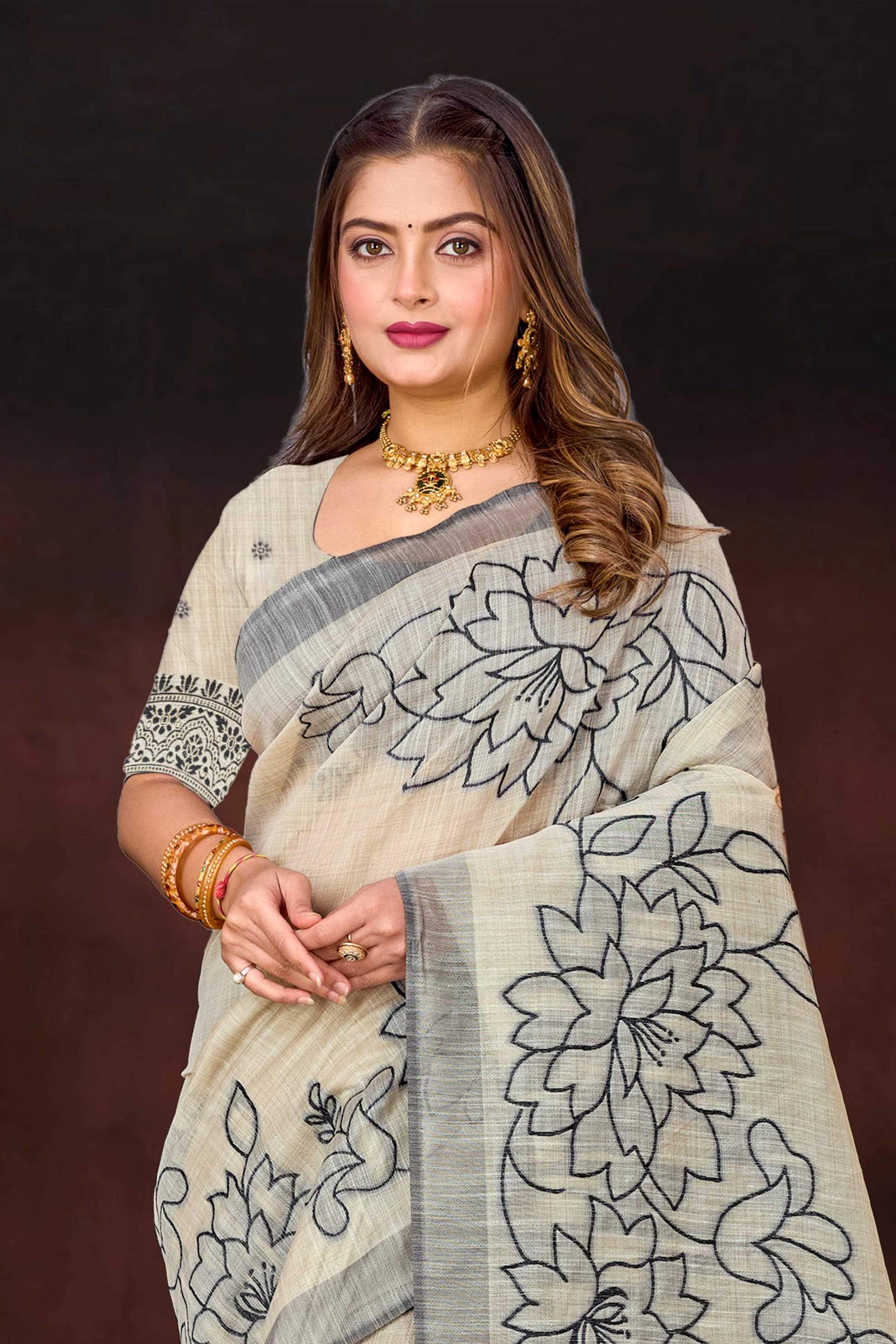 Sangam Prints Grey Cotton Blend Woven Work Traditional Saree | Grocsy