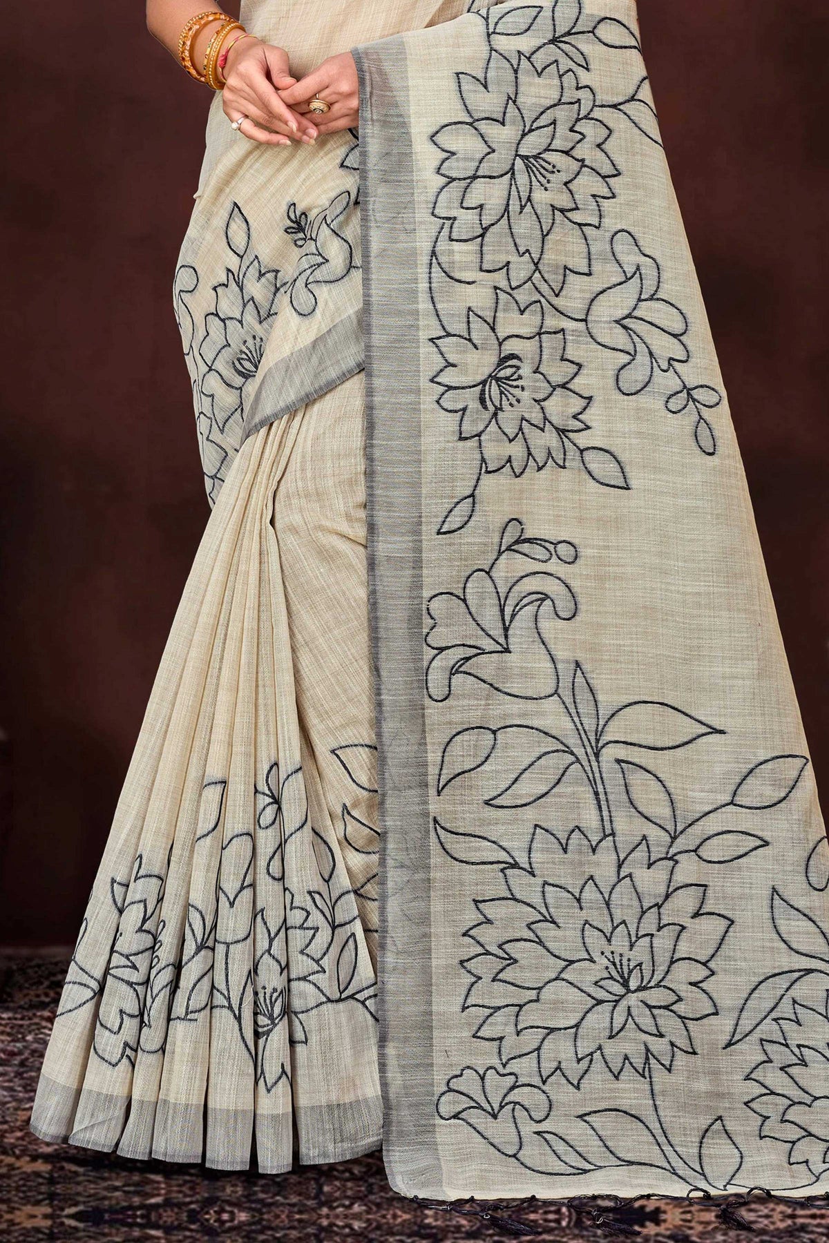 Sangam Prints Grey Cotton Blend Woven Work Traditional Saree | Grocsy