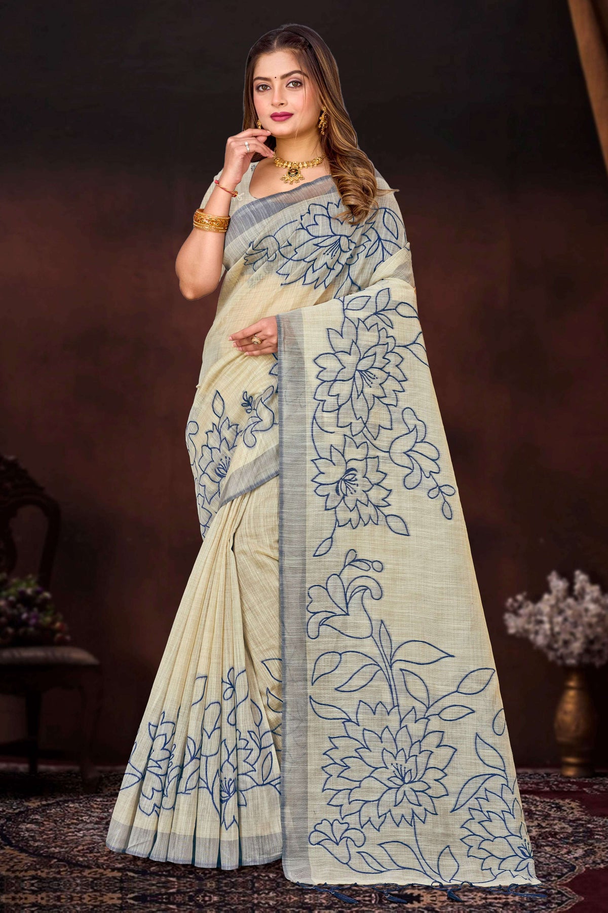 Sangam Prints Navy Blue Cotton Blend Woven Work Traditional Saree | Grocsy