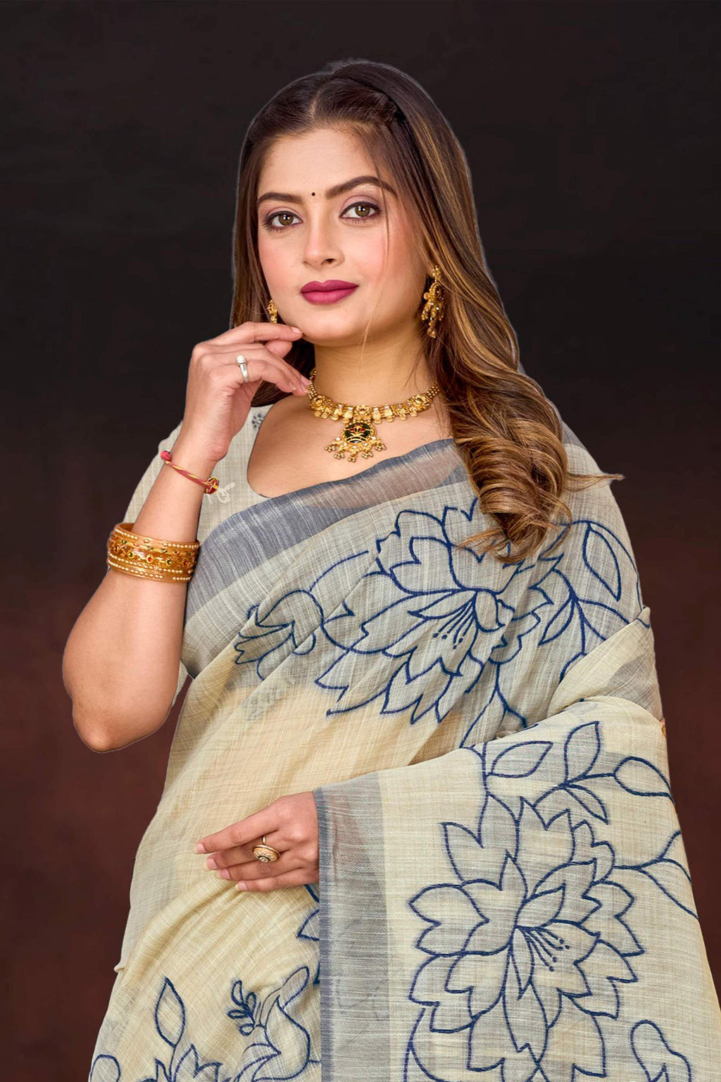 Sangam Prints Navy Blue Cotton Blend Woven Work Traditional Saree | Grocsy