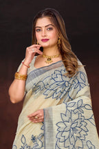 Sangam Prints Navy Blue Cotton Blend Woven Work Traditional Saree | Grocsy