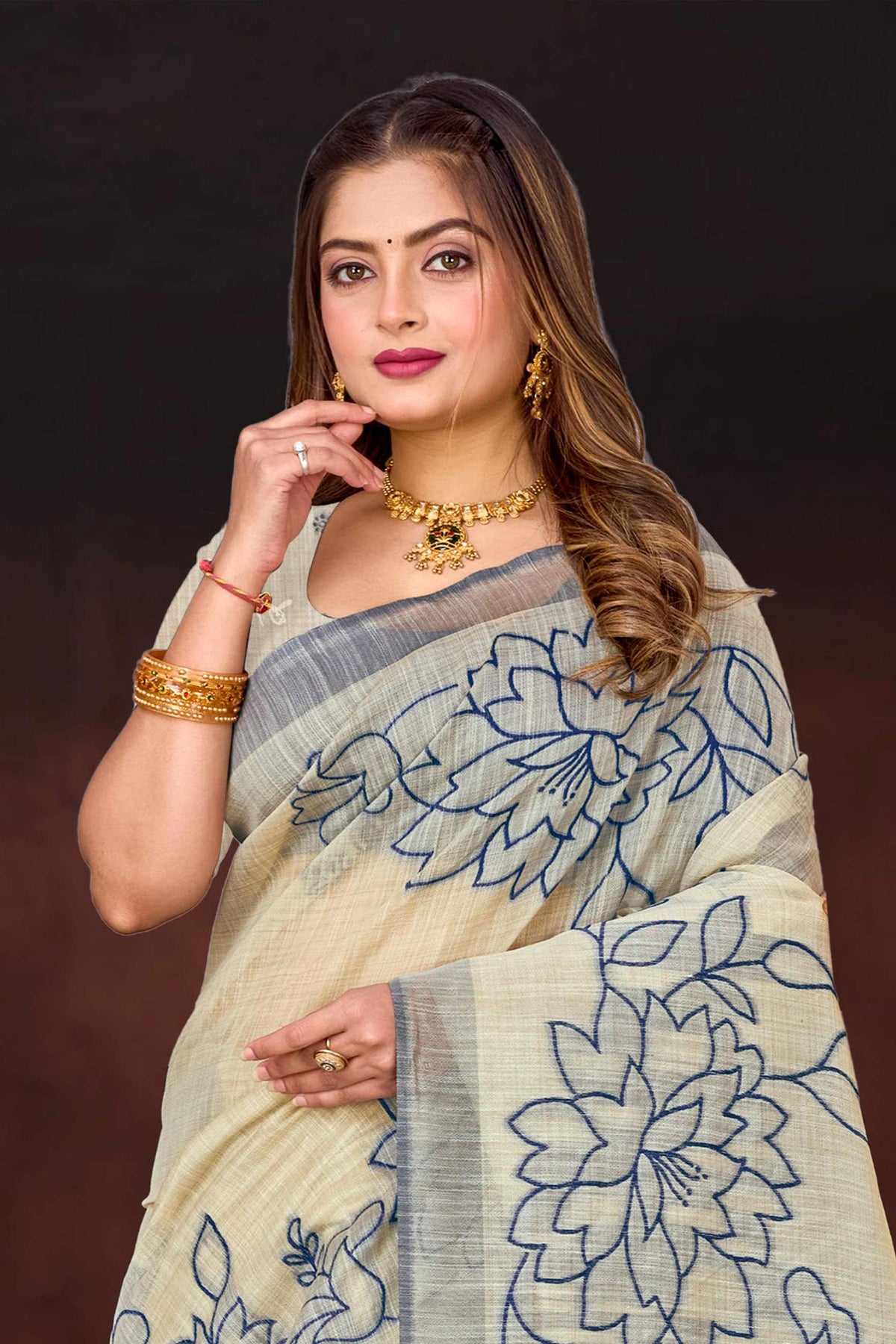 Sangam Prints Navy Blue Cotton Blend Woven Work Traditional Saree | Grocsy