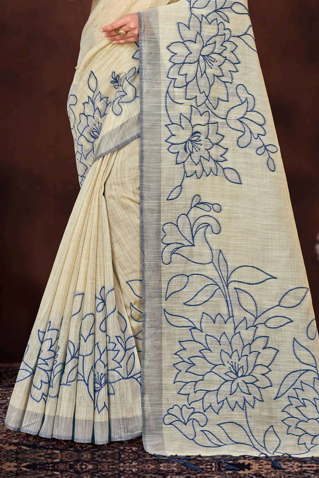 Sangam Prints Navy Blue Cotton Blend Woven Work Traditional Saree | Grocsy