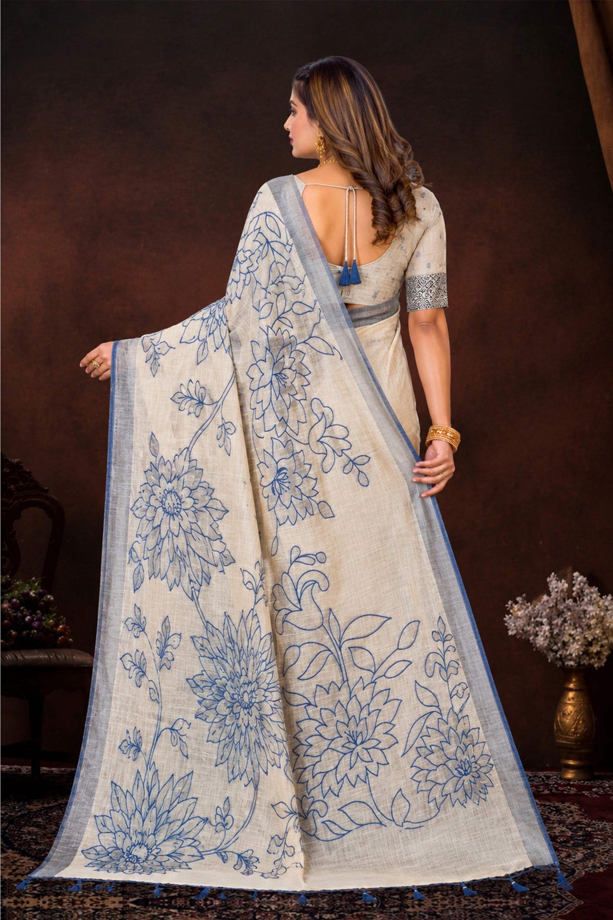Sangam Prints Navy Blue Cotton Blend Woven Work Traditional Saree | Grocsy