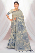 Sangam Prints Navy Blue Cotton Blend Woven Work Traditional Saree | Grocsy