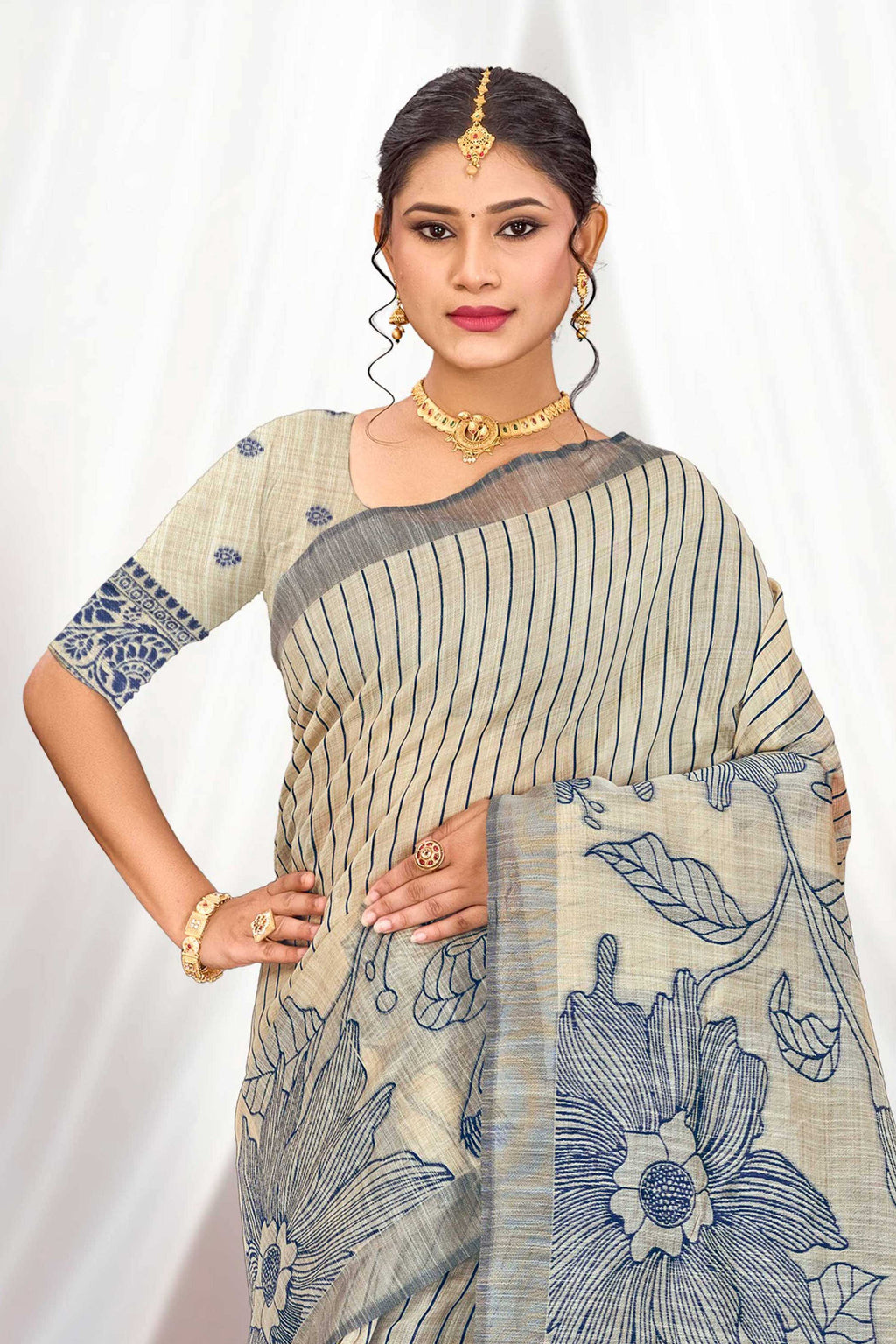 Sangam Prints Navy Blue Cotton Blend Woven Work Traditional Saree | Grocsy