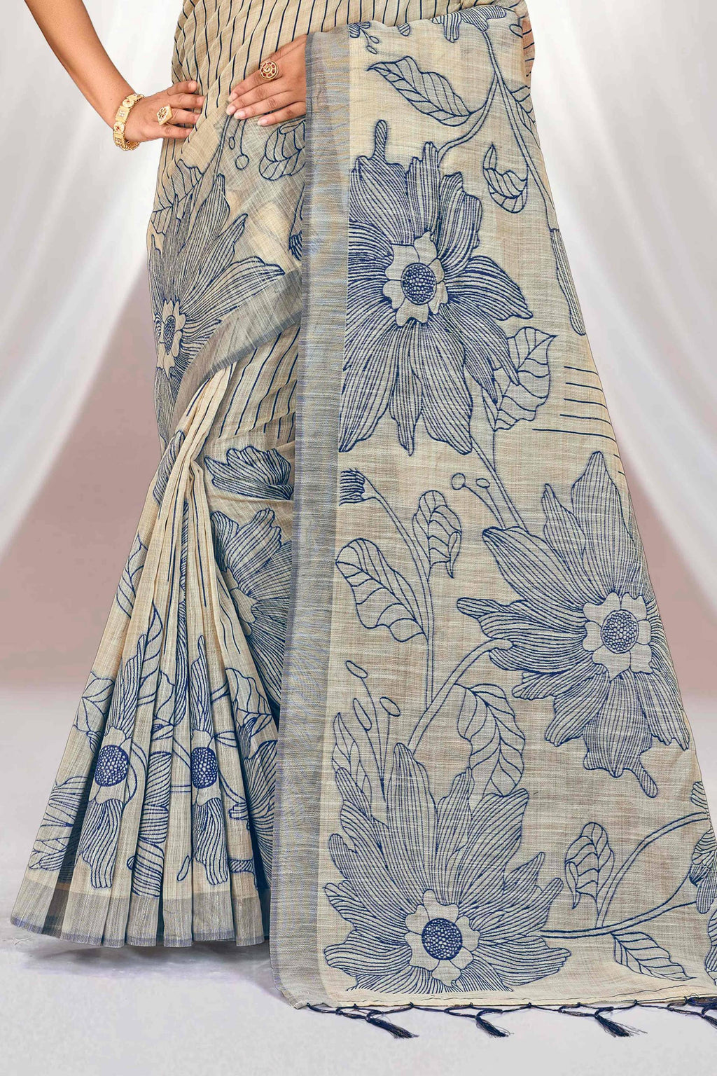 Sangam Prints Navy Blue Cotton Blend Woven Work Traditional Saree | Grocsy