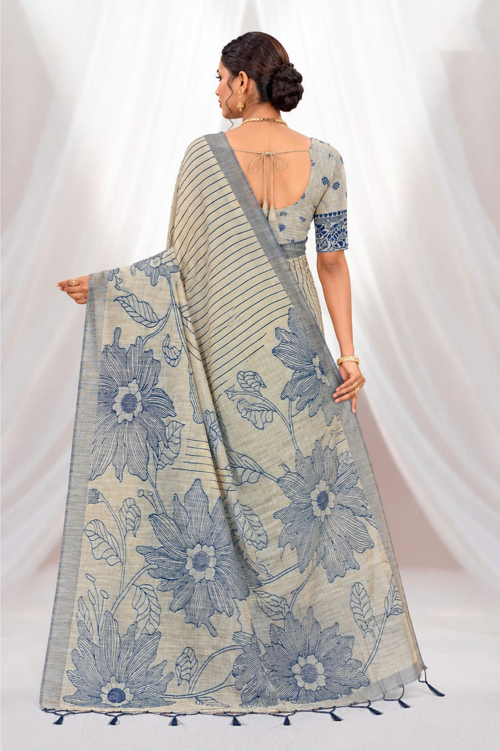 Sangam Prints Navy Blue Cotton Blend Woven Work Traditional Saree | Grocsy