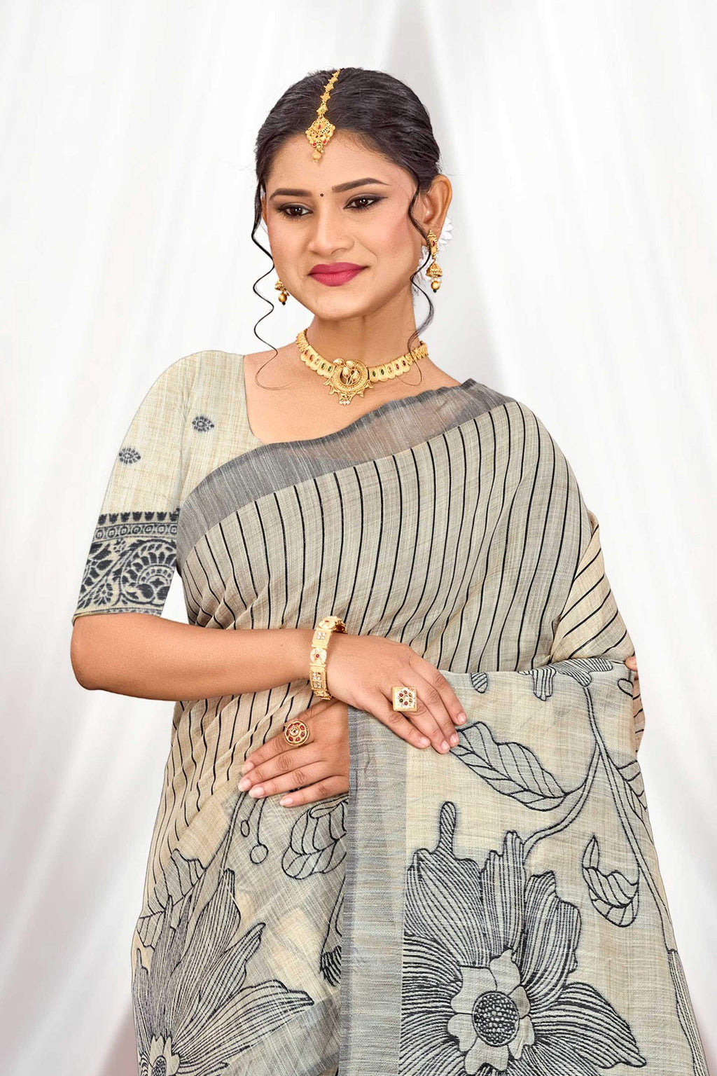 Sangam Prints Grey Cotton Blend Woven Work Traditional Saree | Grocsy