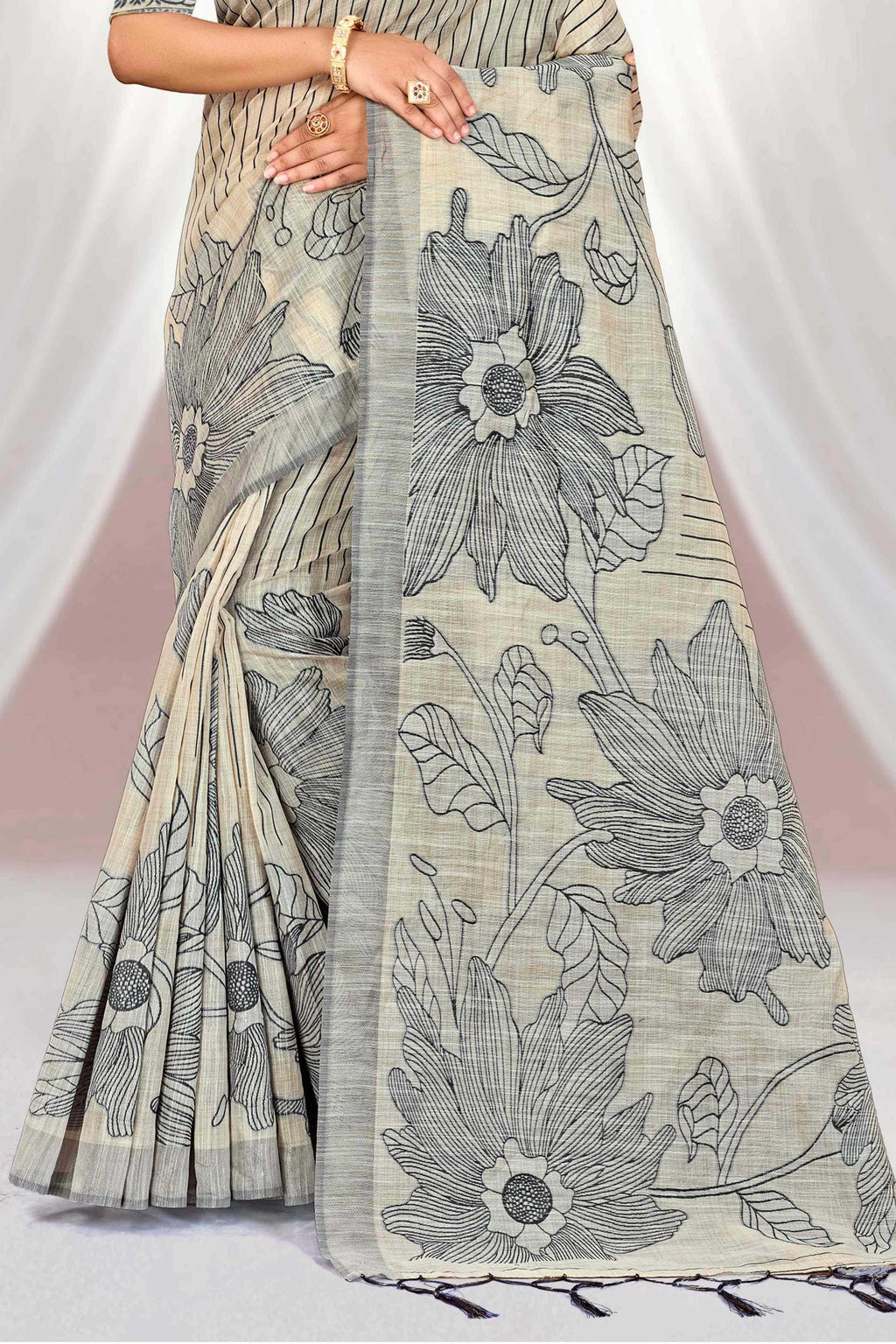 Sangam Prints Grey Cotton Blend Woven Work Traditional Saree | Grocsy