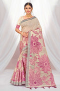 Sangam Prints Pink Cotton Blend Woven Work Traditional Saree | Grocsy