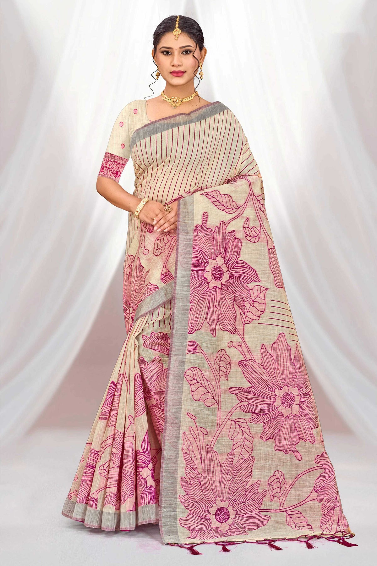 Sangam Prints Pink Cotton Blend Woven Work Traditional Saree | Grocsy