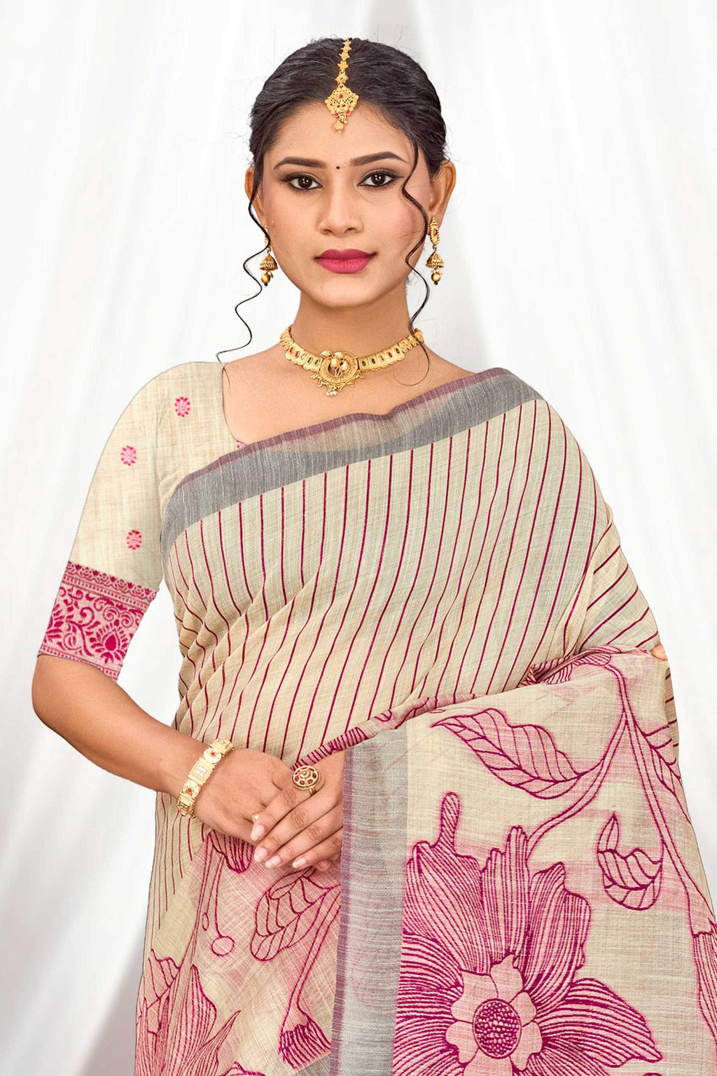 Sangam Prints Pink Cotton Blend Woven Work Traditional Saree | Grocsy